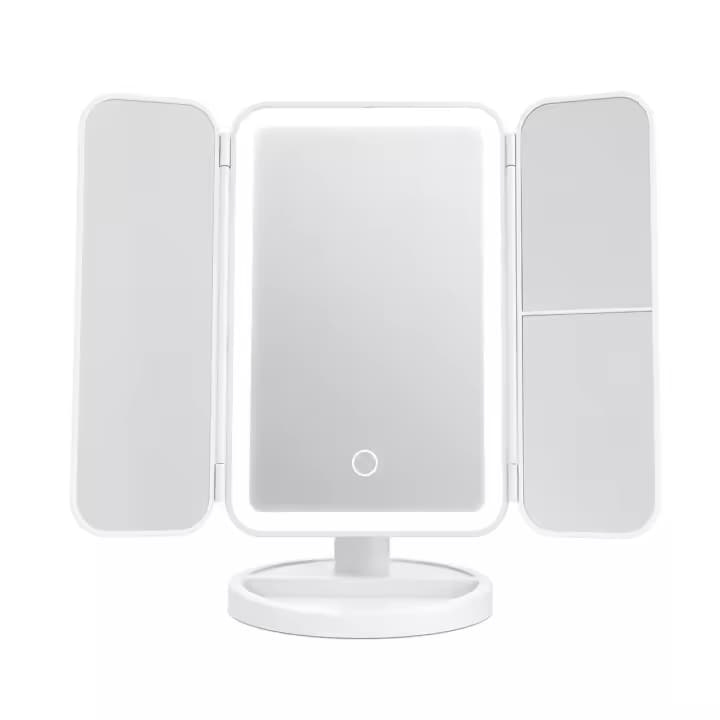 Espejo Plegable de Maquillaje LED Táctil Sobremesa Iluminación Regulable Apagado Automático Portátil Elegante Blanco Grisáceo para Tocador Baño Dormitorio Regalo Amiga College Dorm Essentials Viral TikTok Belleza